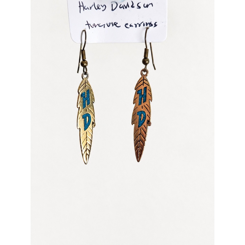 Harley-Davidson Turquoise Inlay Feather Drop Earrings Gold Tone Biker Western